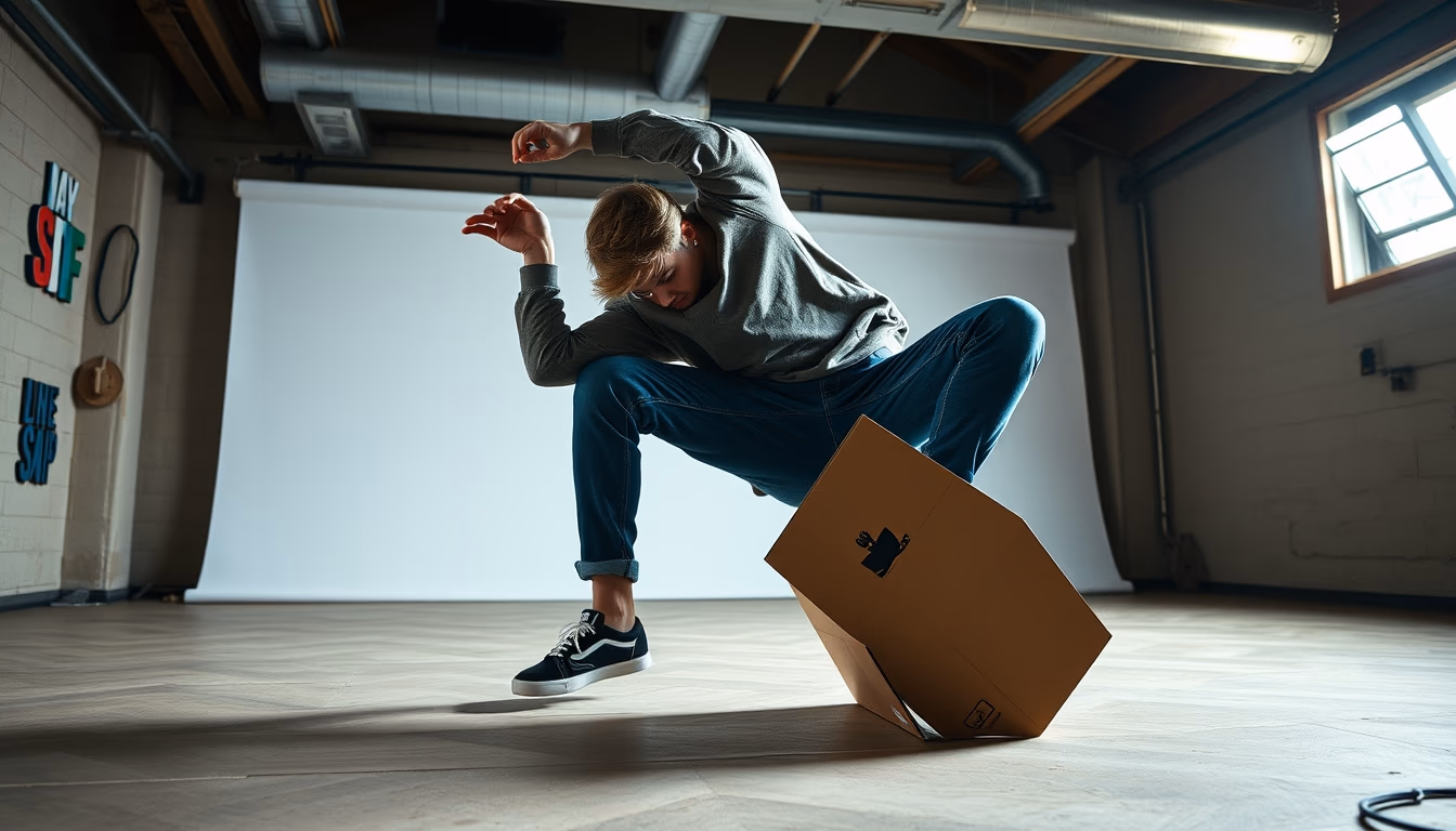 breakdance cardboard urban in editorial style