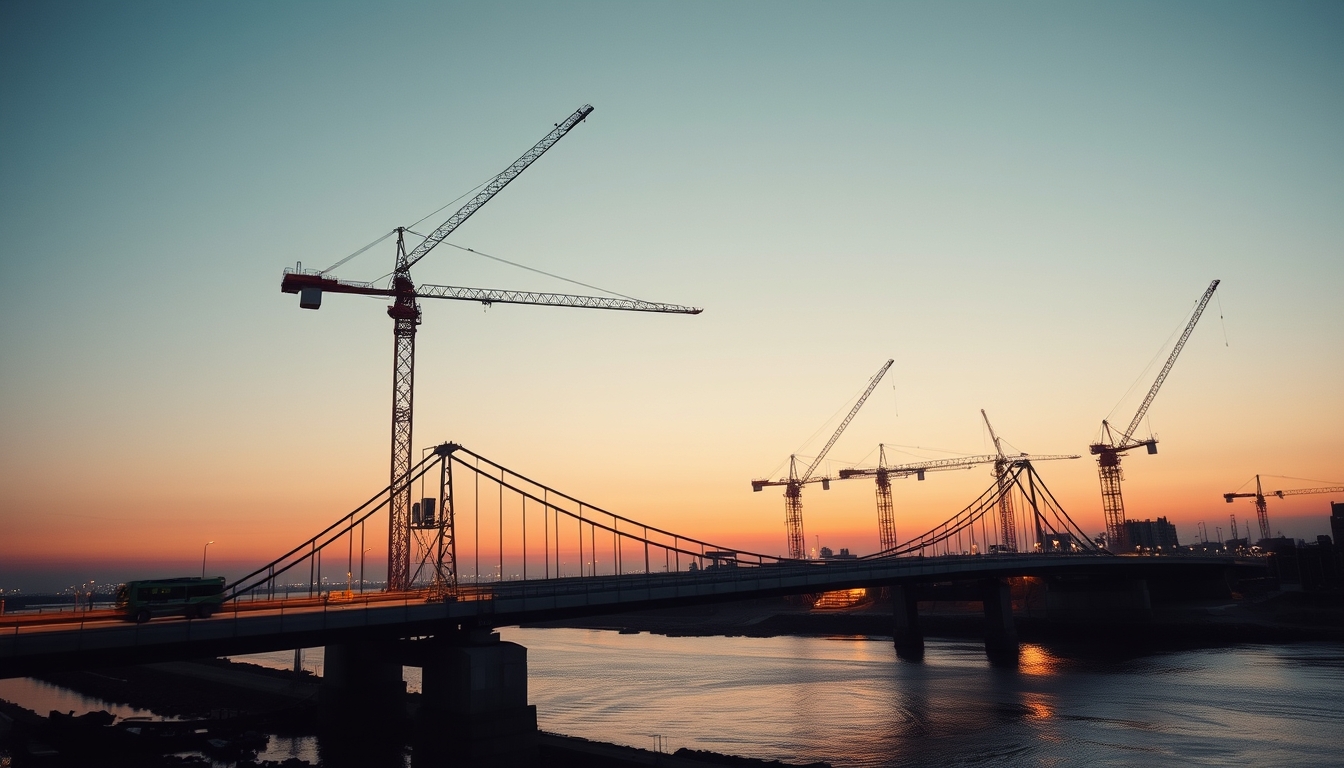 Bridge construction site with cranes over river em estilo editorial