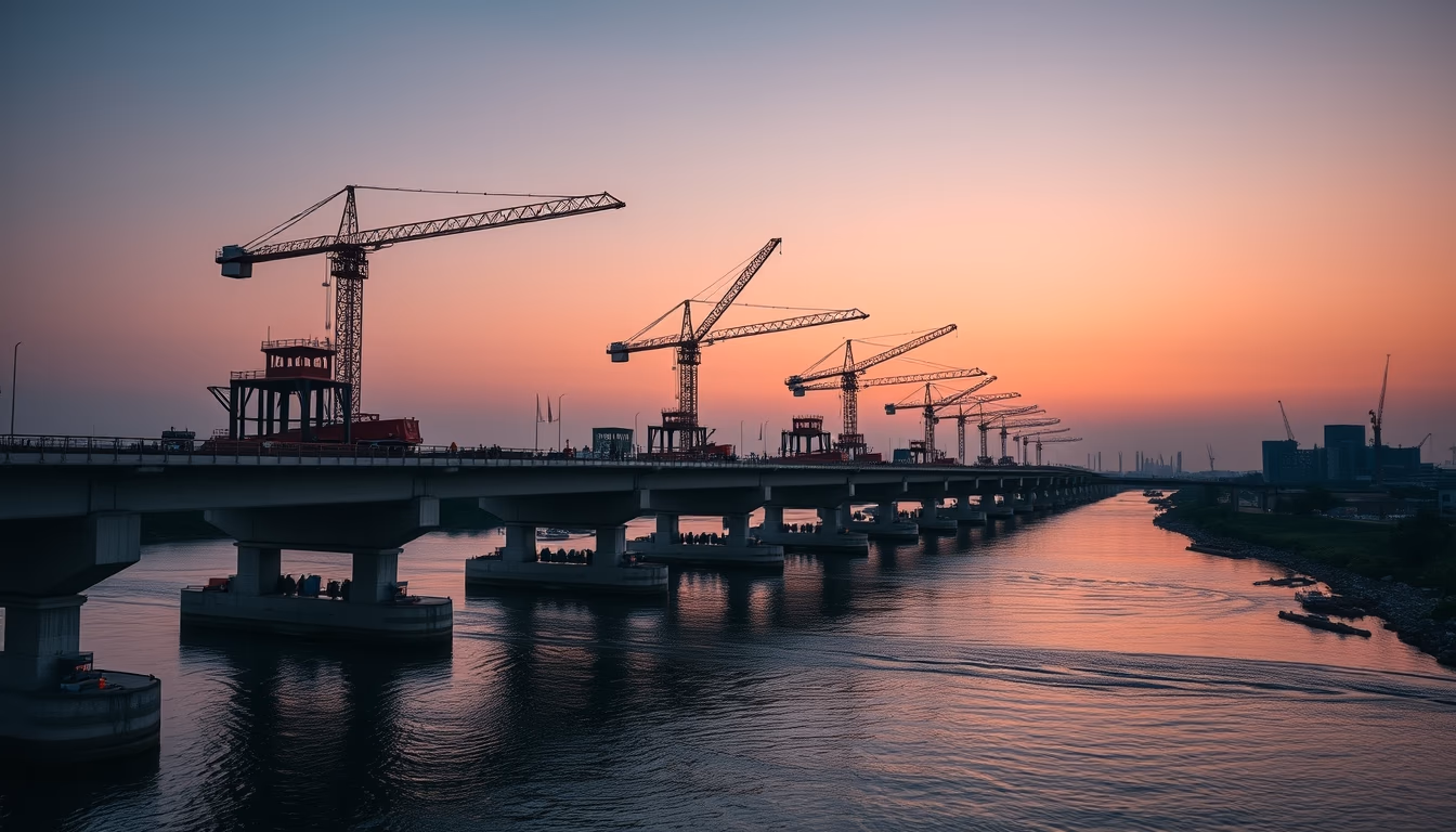 bridge construction site with cranes over river in editorial style