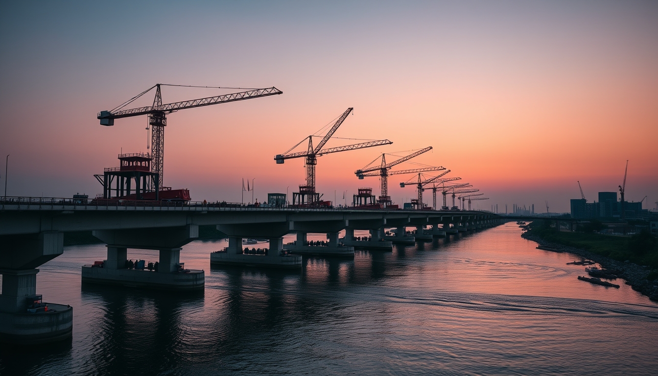 Bridge construction site with cranes over river em estilo editorial