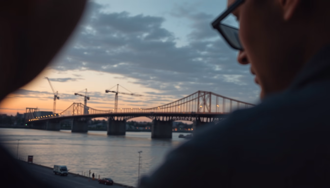 bridge construction site with cranes over river in editorial style