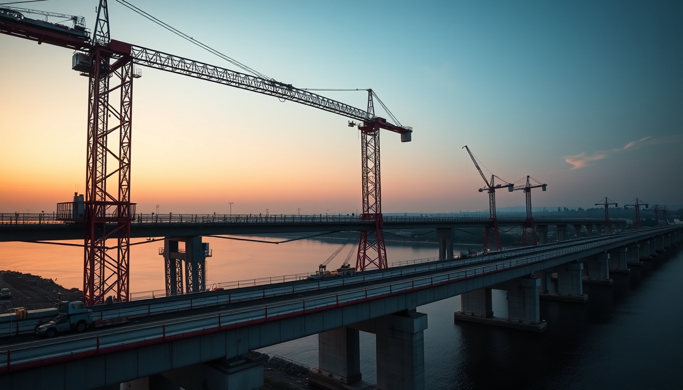 Bridge construction site with cranes over river em estilo editorial