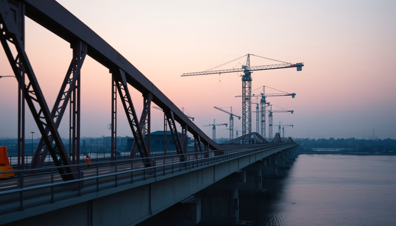 bridge construction site with cranes over river in editorial style