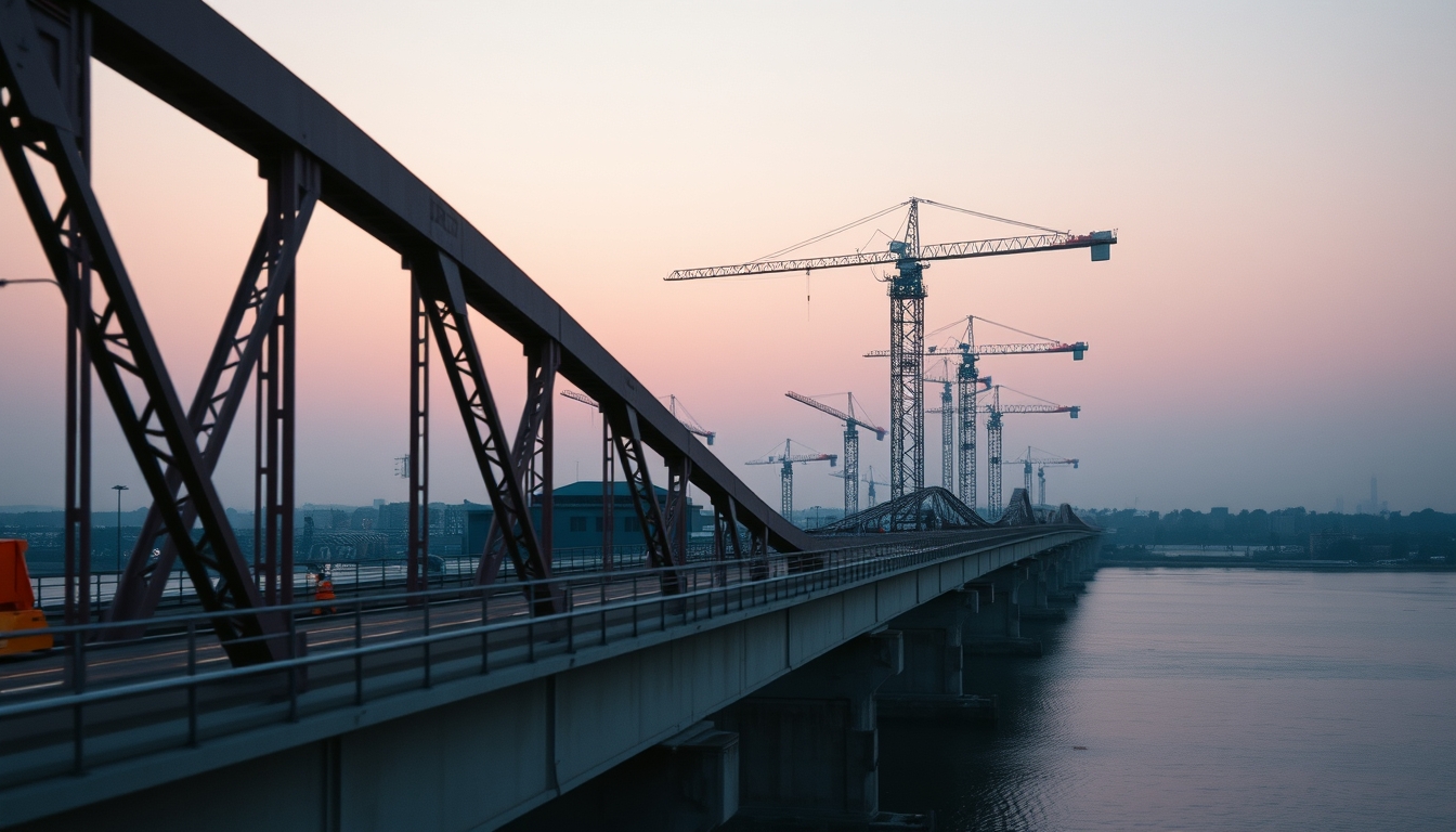 Bridge construction site with cranes over river em estilo editorial