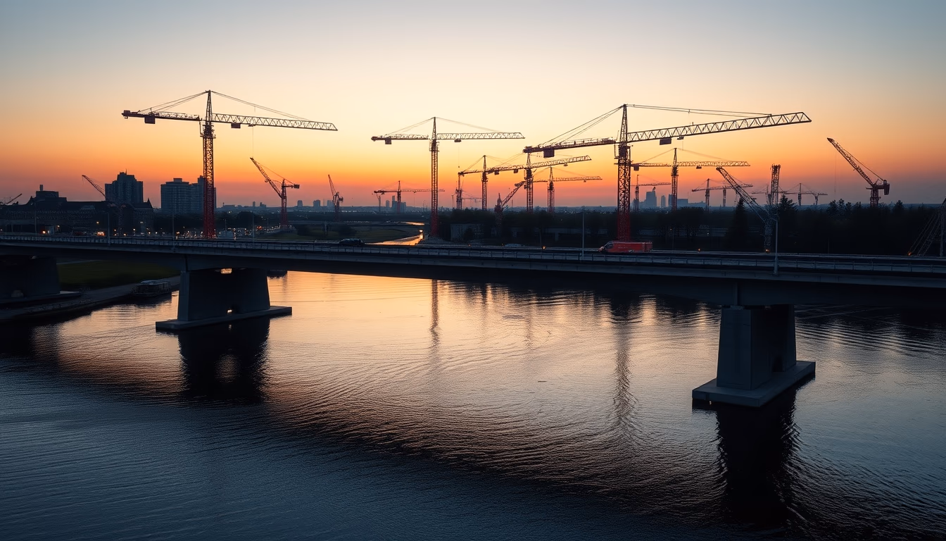 bridge construction site with cranes over river in editorial style