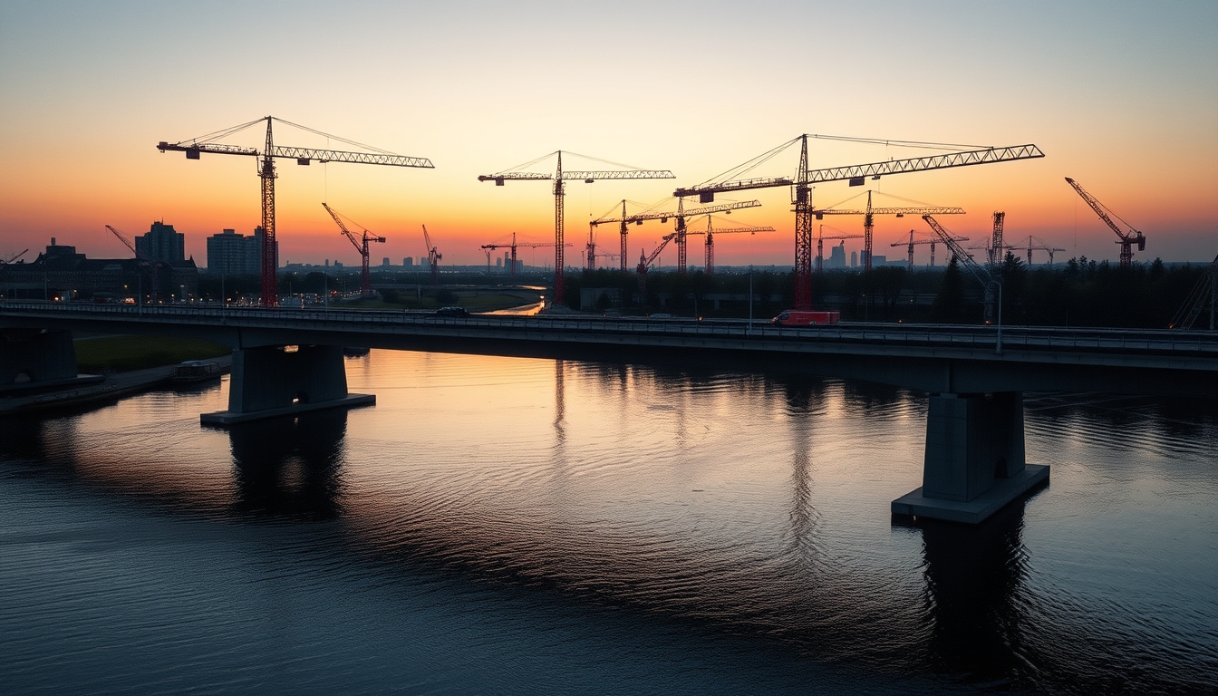 Bridge construction site with cranes over river em estilo editorial