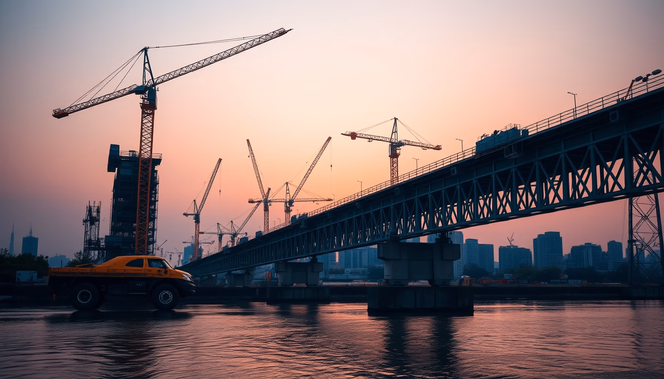 bridge construction site with cranes over river in editorial style