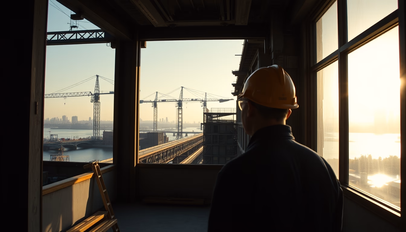 bridge construction site with cranes over river in editorial style