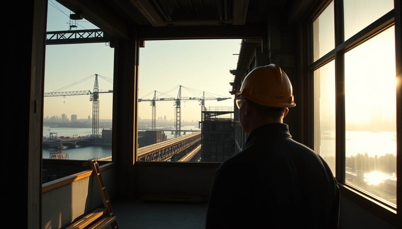 Bridge construction site with cranes over river em estilo editorial