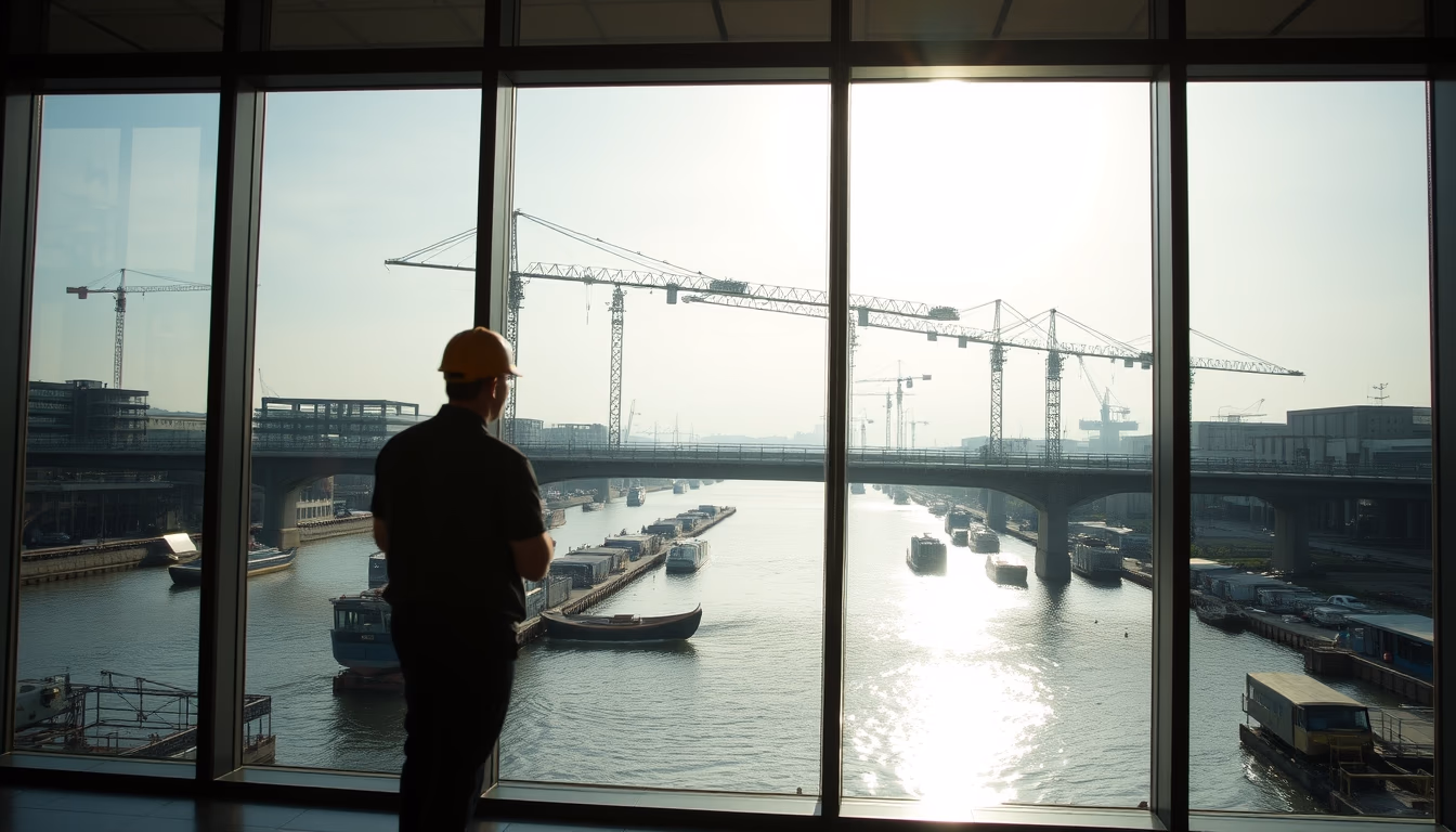 bridge construction site with cranes over river in editorial style