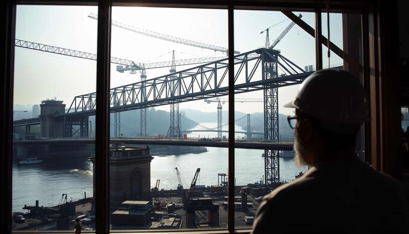 bridge construction site with cranes over river in editorial style