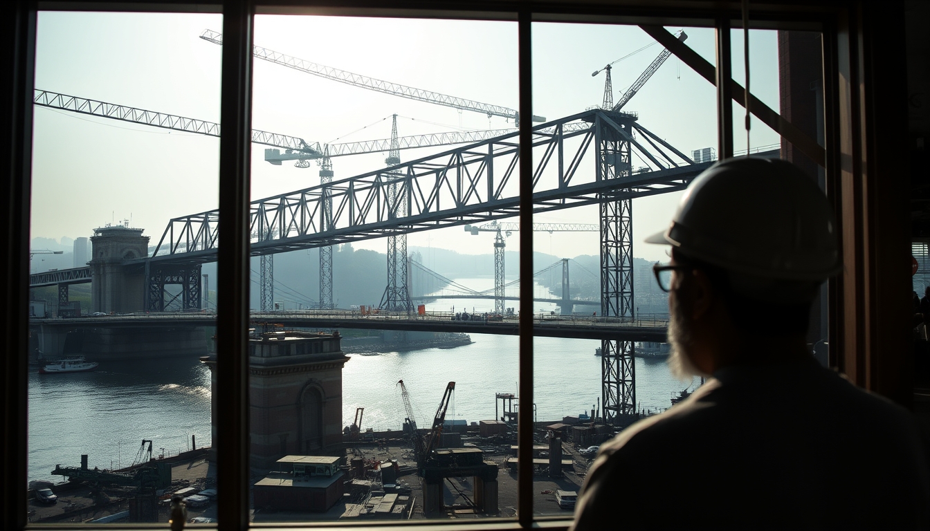 Bridge construction site with cranes over river em estilo editorial