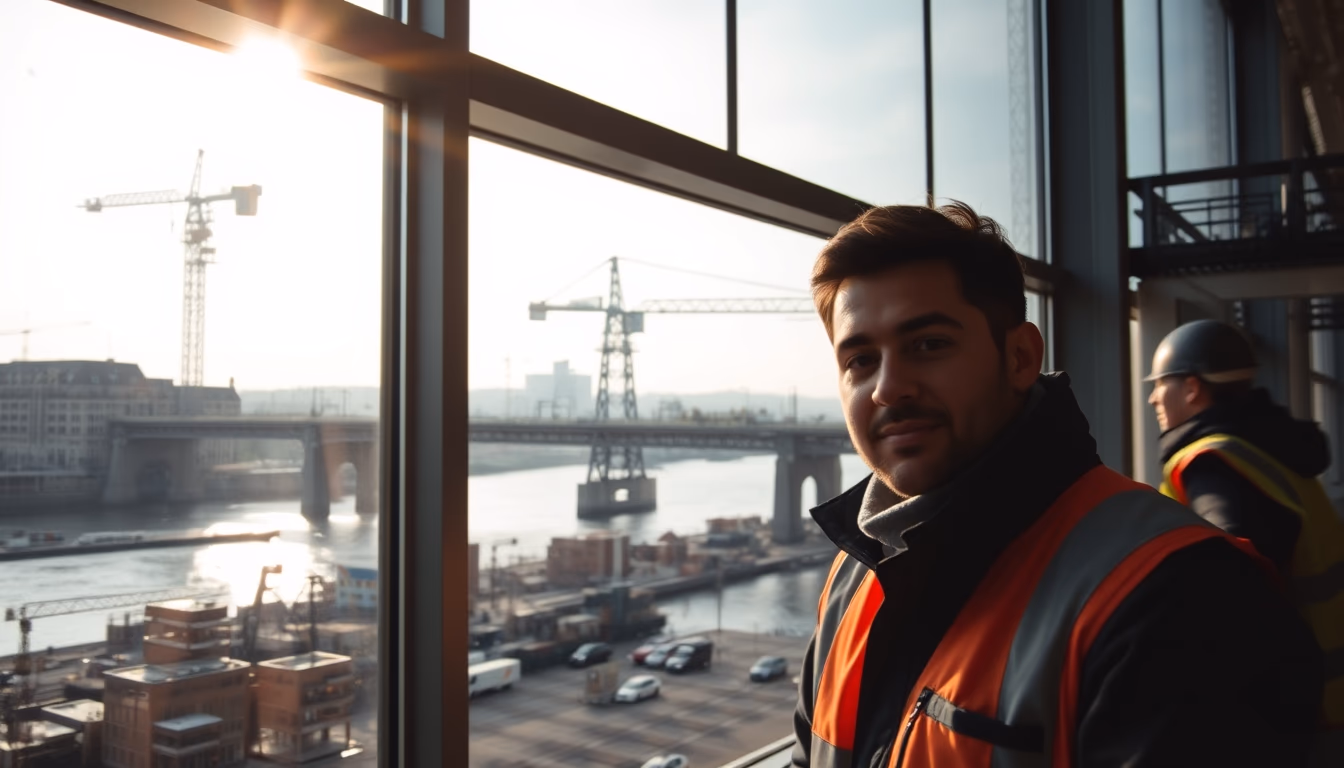 bridge construction site with cranes over river in editorial style