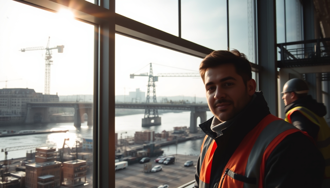 Bridge construction site with cranes over river em estilo editorial