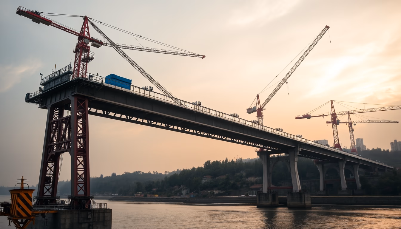 bridge construction site with cranes over river in editorial style