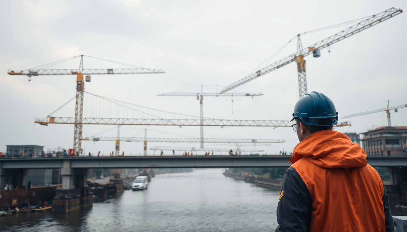bridge construction site with cranes over river in editorial style