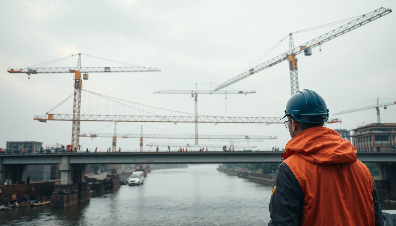 Bridge construction site with cranes over river em estilo editorial