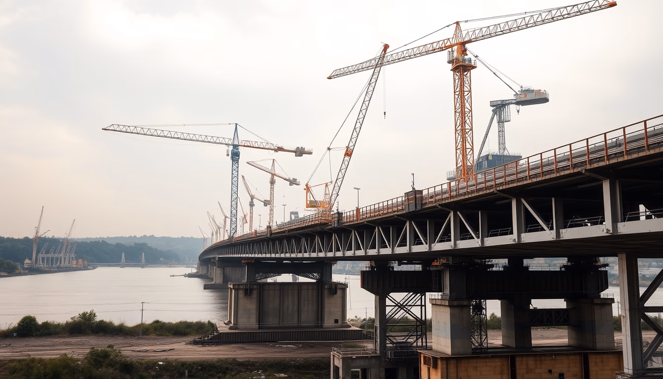 bridge construction site with cranes over river in editorial style