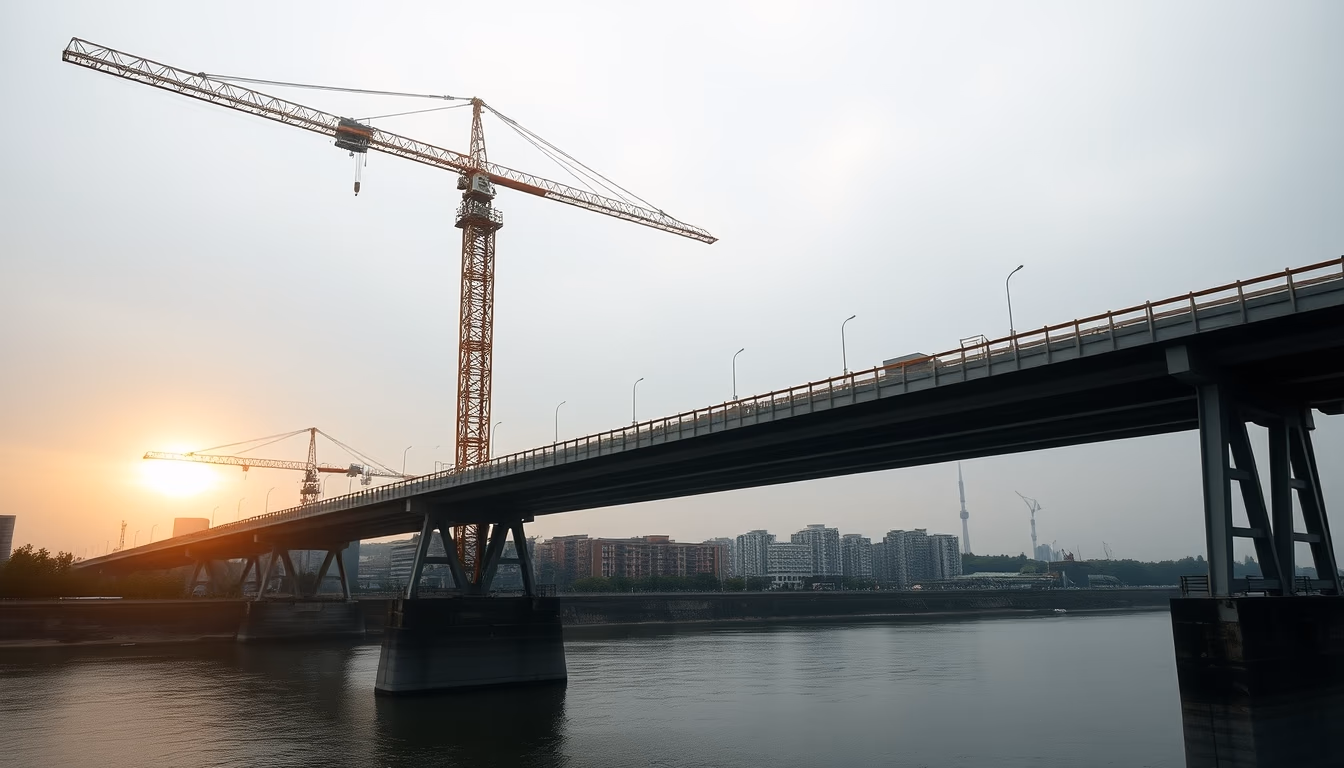 bridge construction site with cranes over river in editorial style