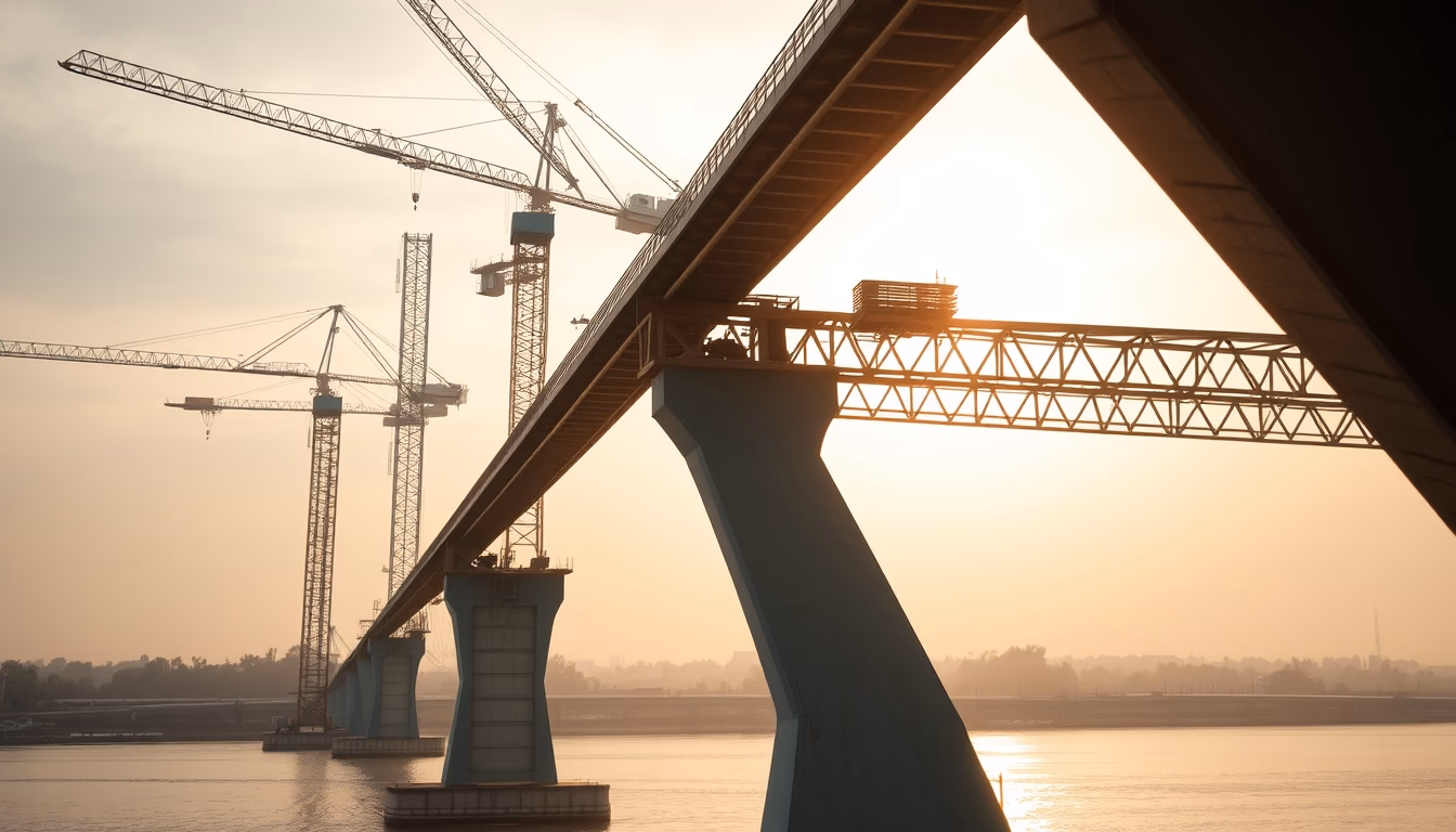 bridge construction site with cranes over river in editorial style
