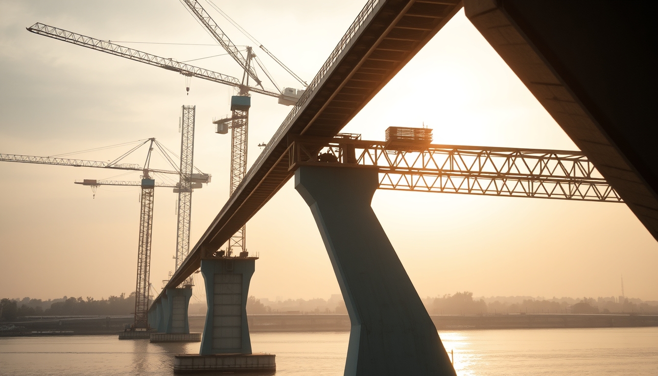Bridge construction site with cranes over river em estilo editorial