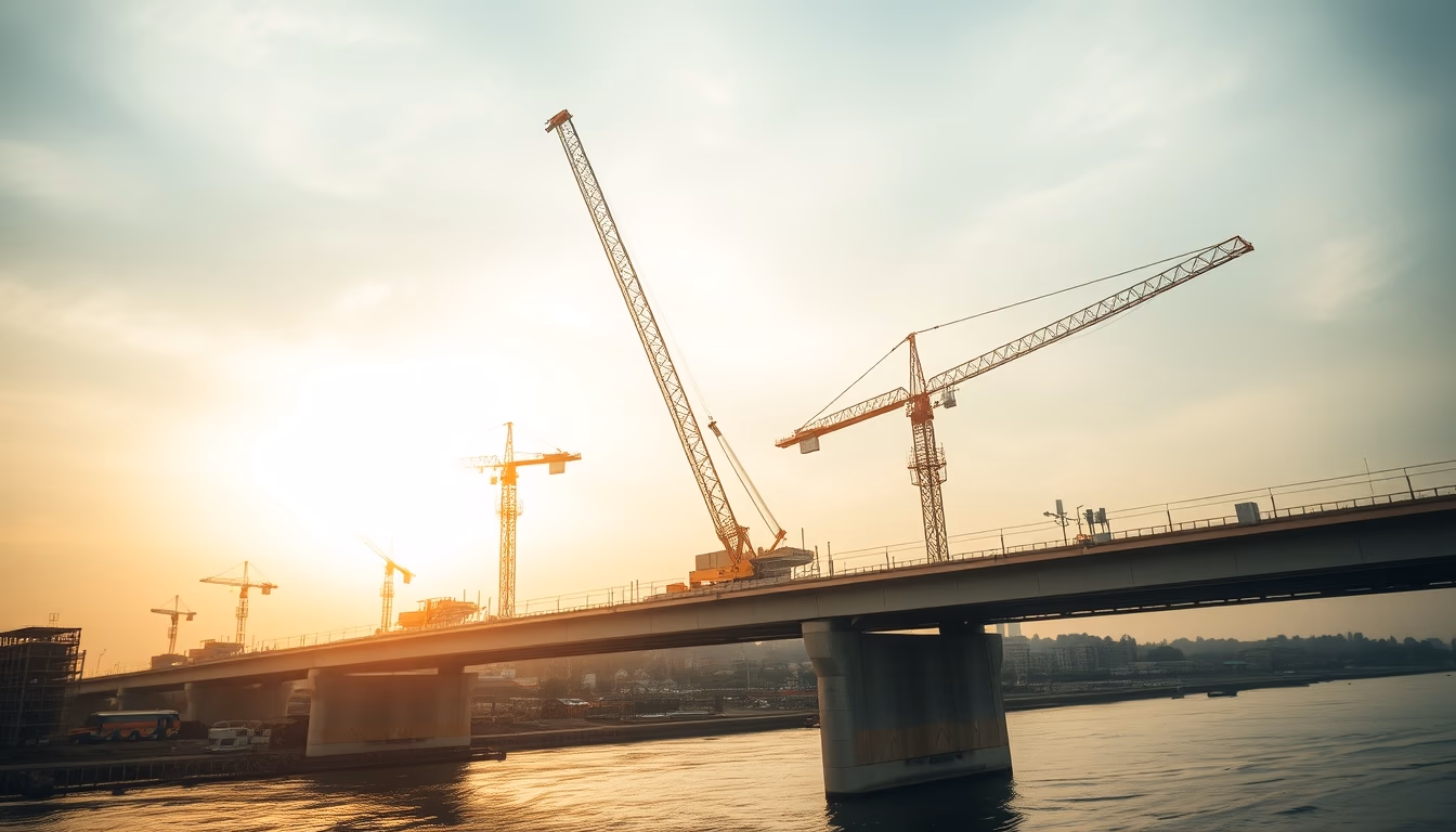 bridge construction site with cranes over river in editorial style
