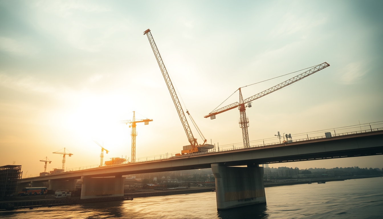 Bridge construction site with cranes over river em estilo editorial