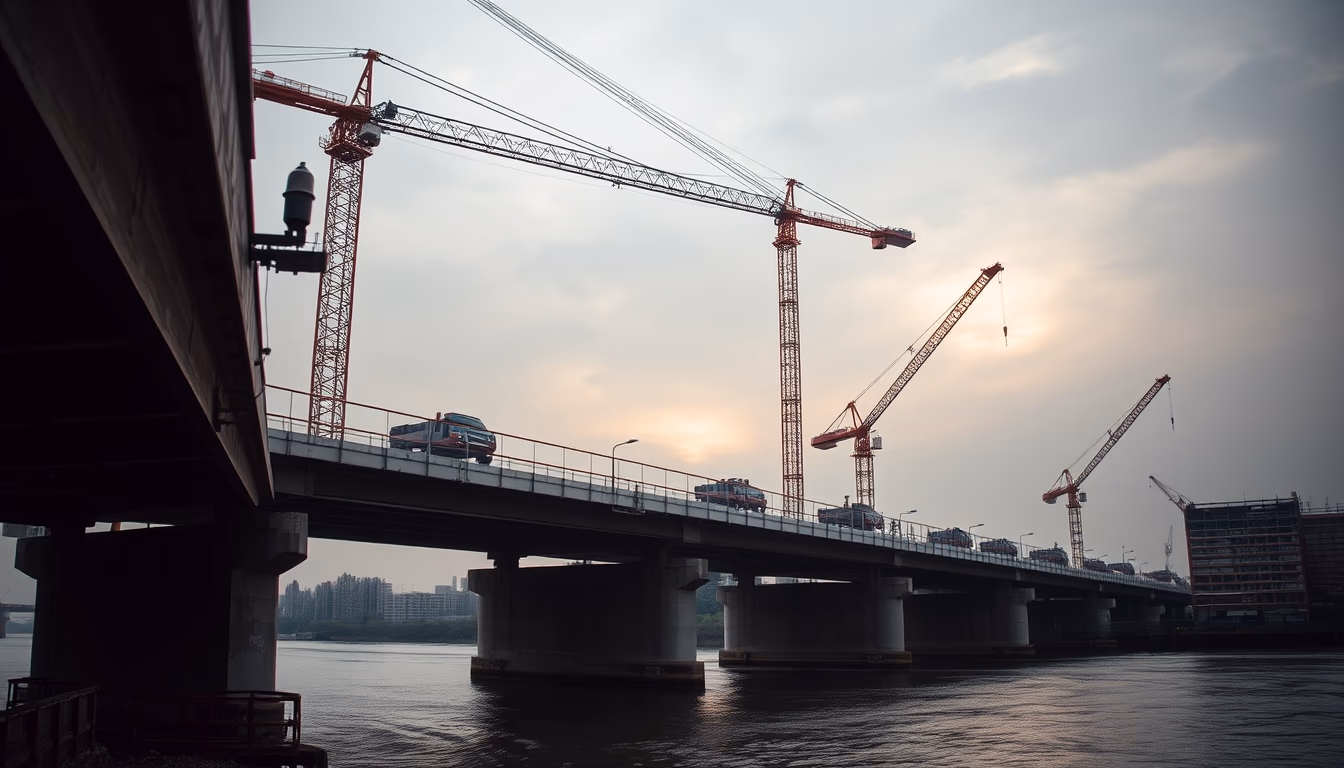 bridge construction site with cranes over river in editorial style
