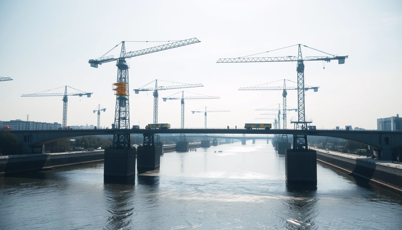 bridge construction site with cranes over river in editorial style
