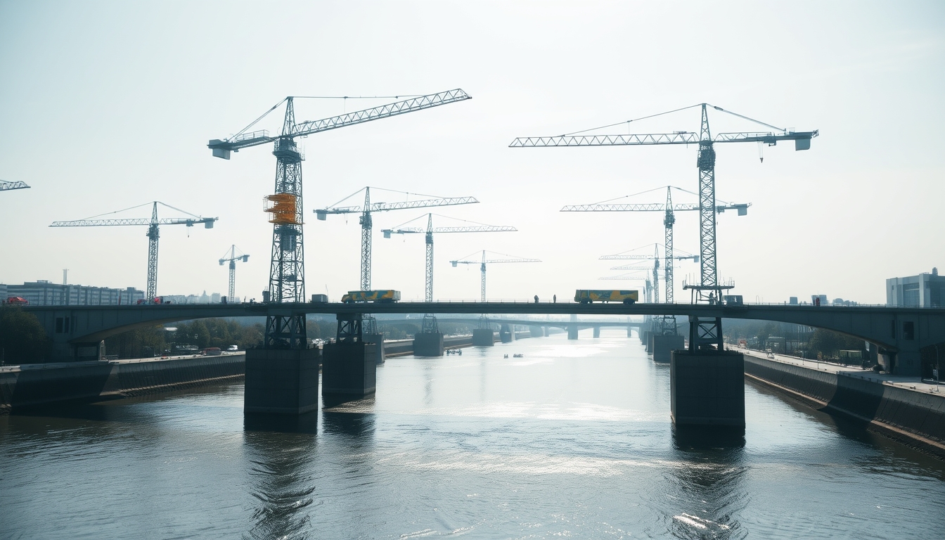 Bridge construction site with cranes over river em estilo editorial