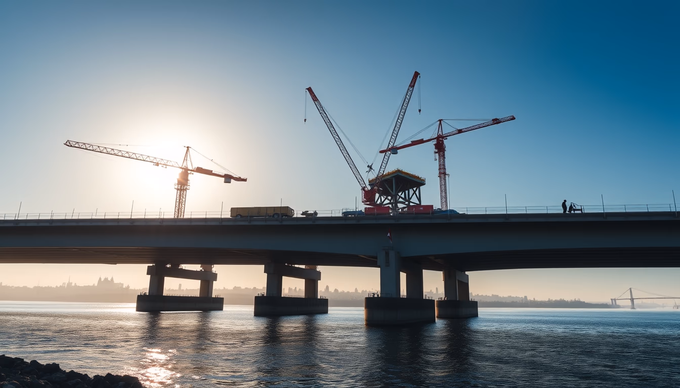 bridge construction site with cranes over river in editorial style