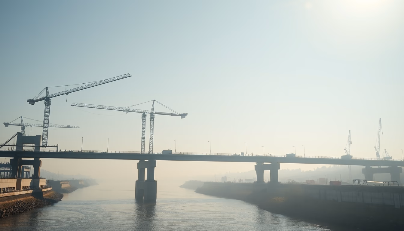 bridge construction site with cranes over river in editorial style