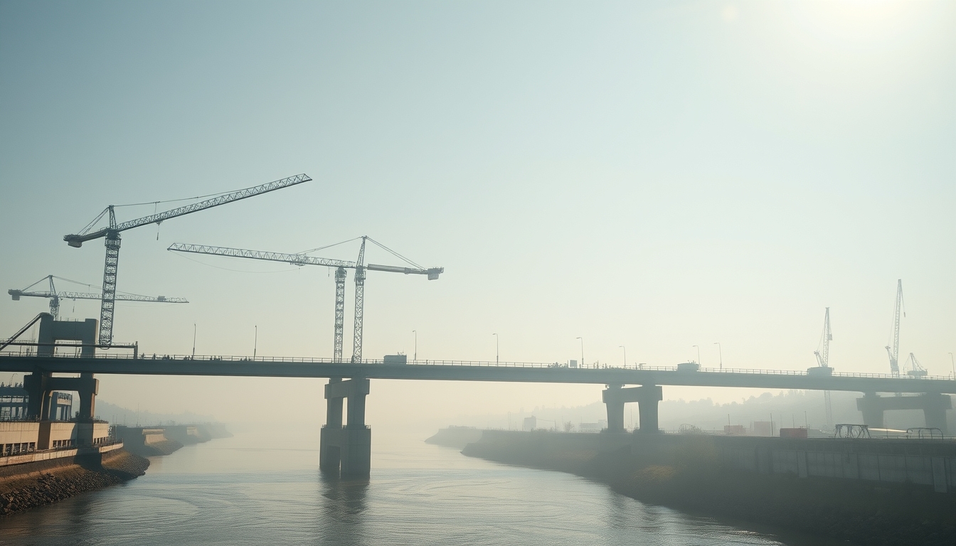Bridge construction site with cranes over river em estilo editorial