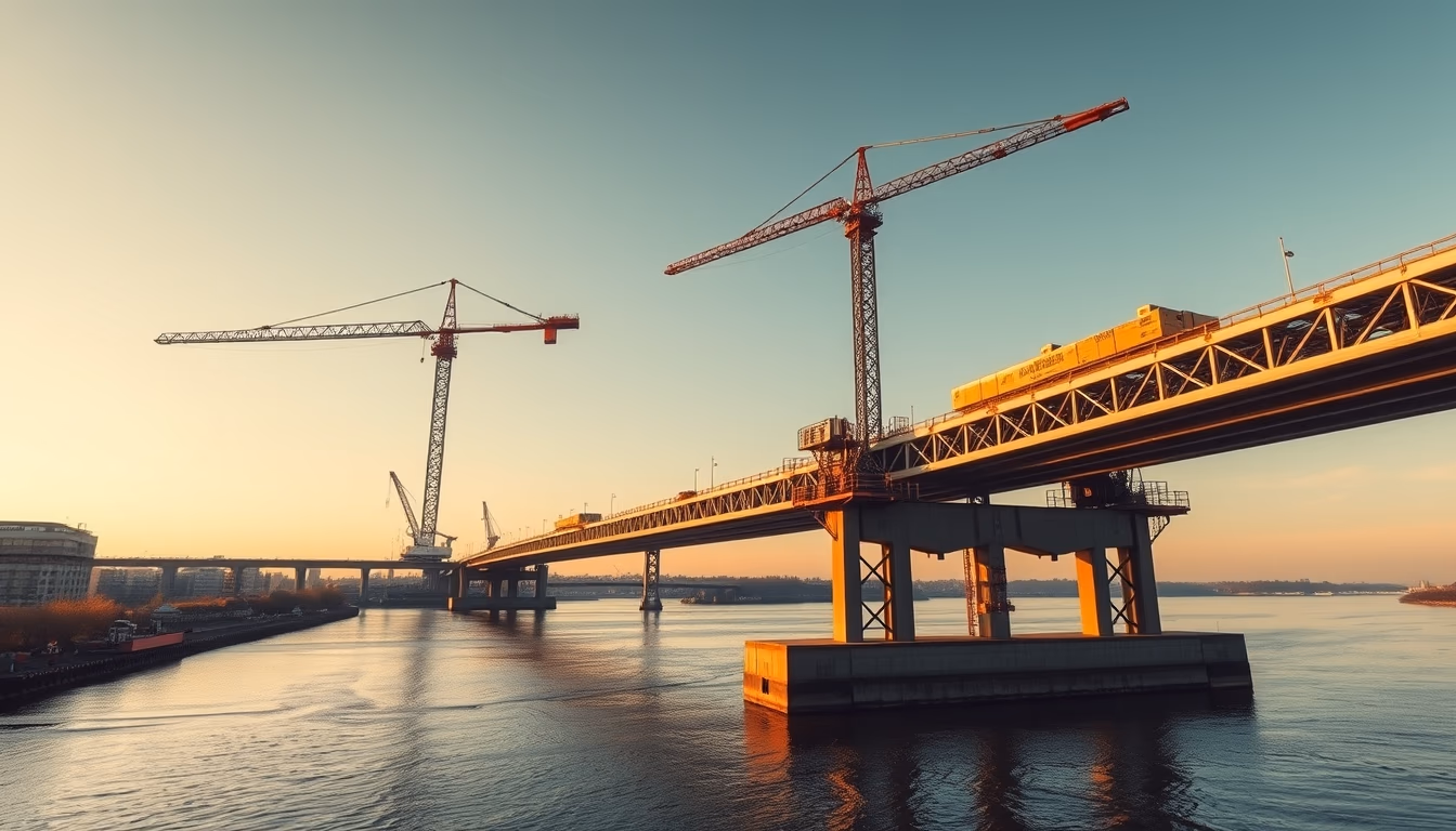 bridge construction site with cranes over river in editorial style