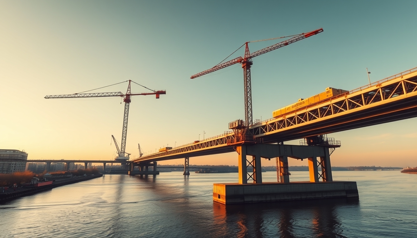 Bridge construction site with cranes over river em estilo editorial