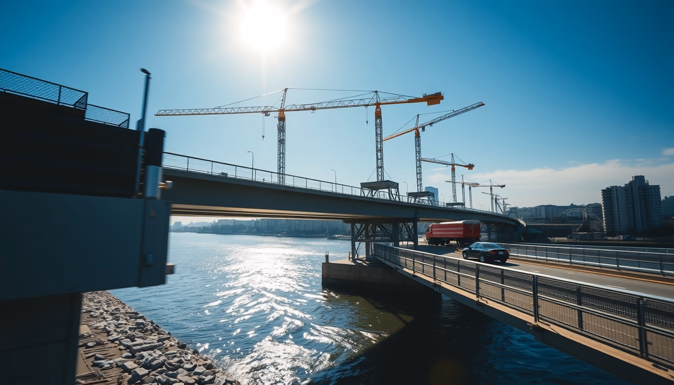 Bridge construction site with cranes over river em estilo editorial