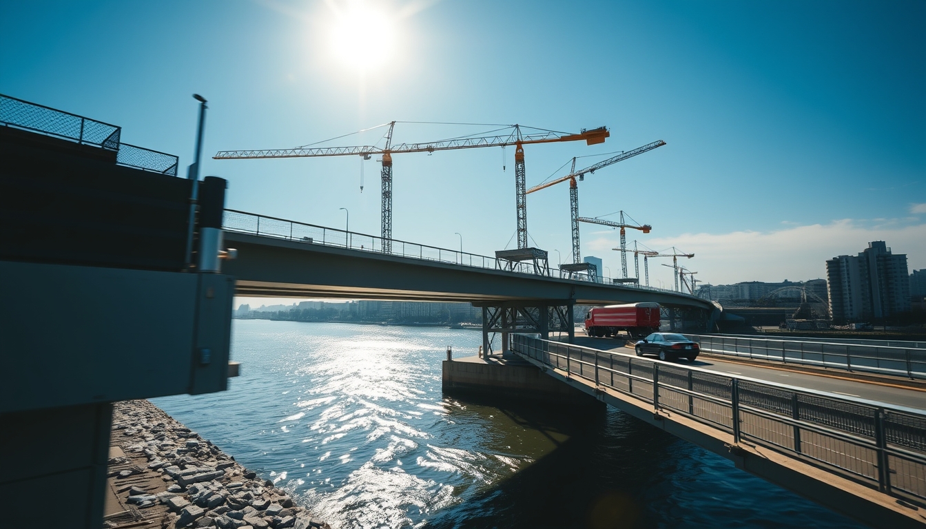 Bridge construction site with cranes over river em estilo editorial