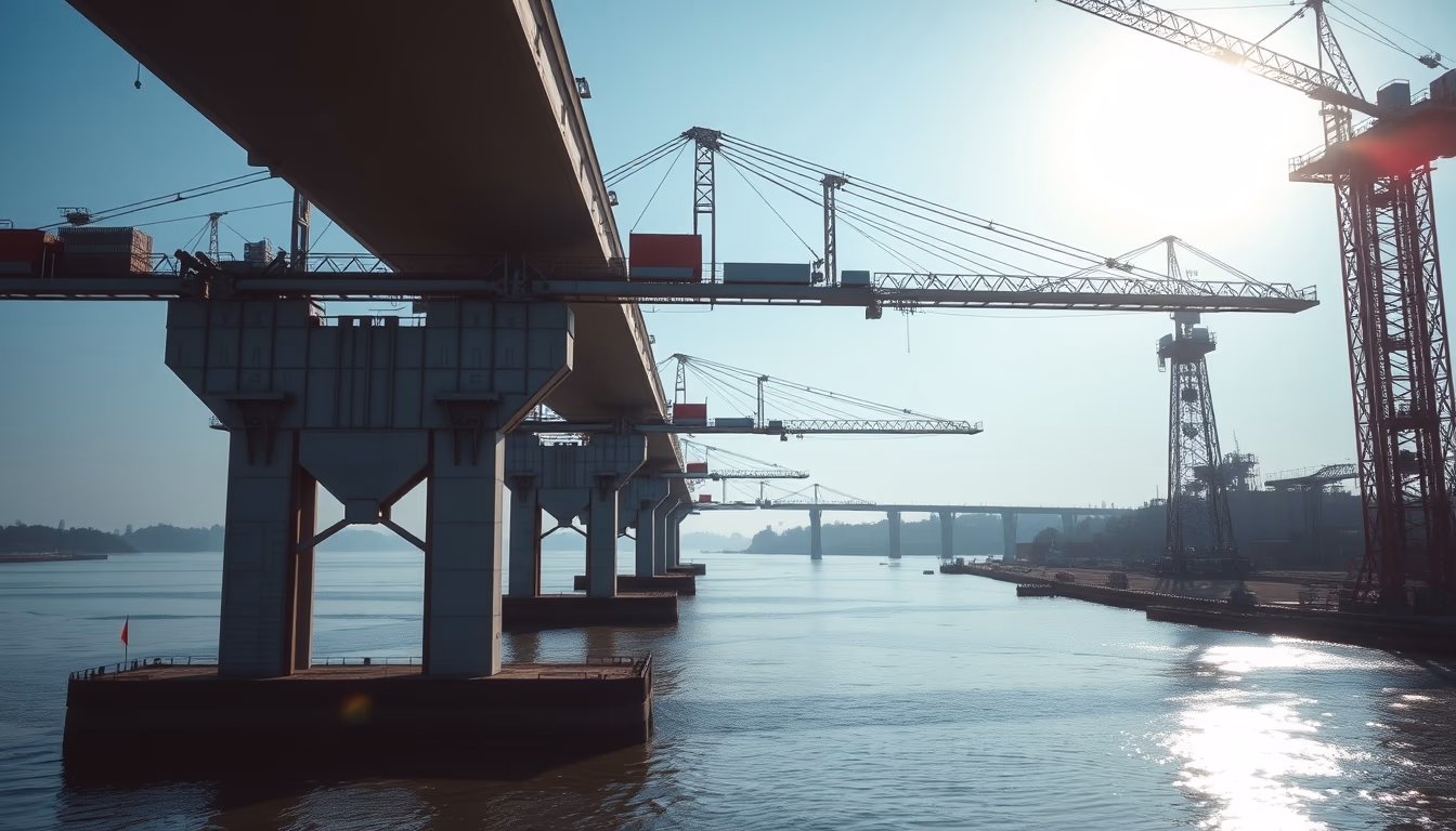 bridge construction site with cranes over river in editorial style