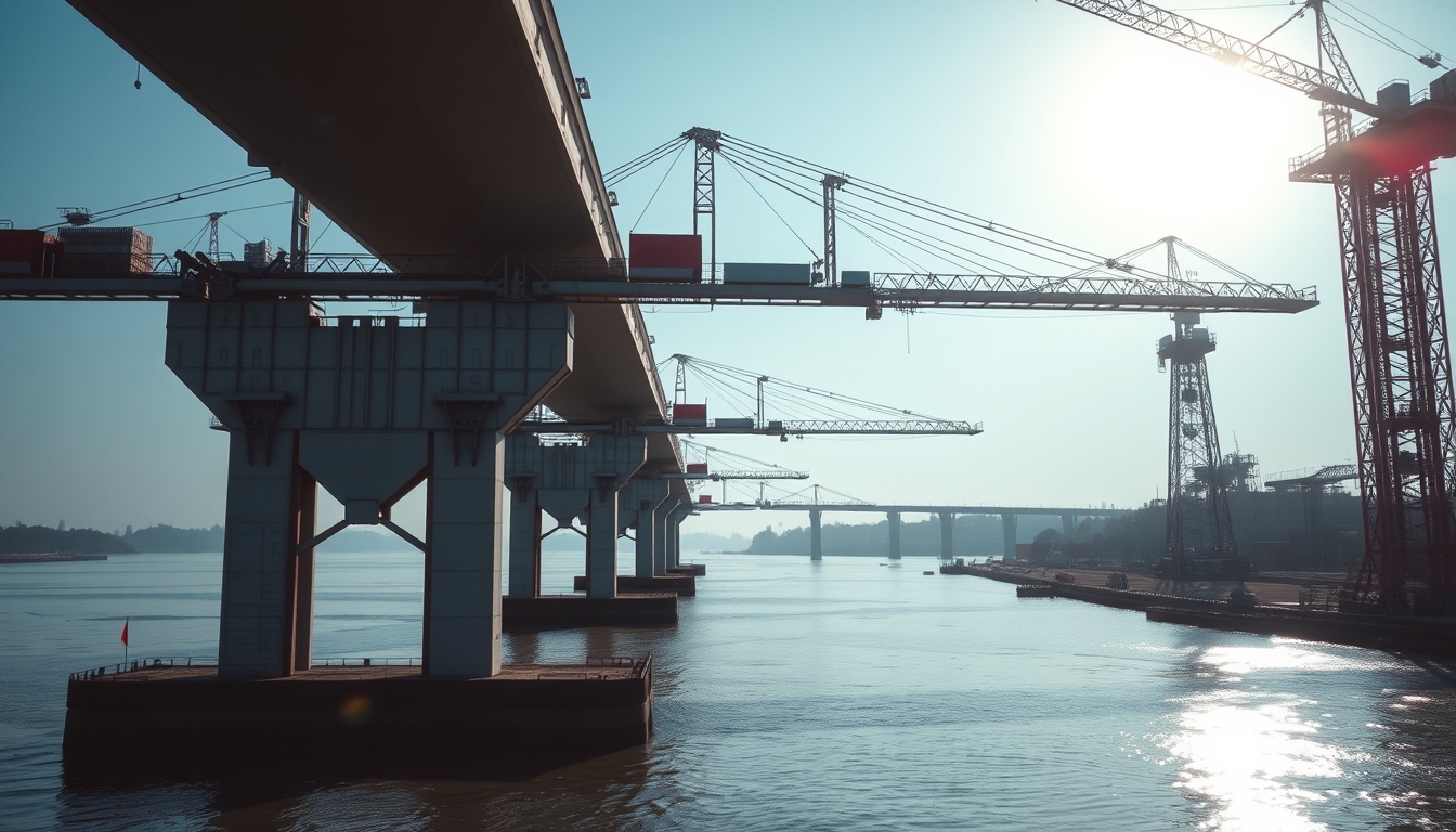 Bridge construction site with cranes over river em estilo editorial