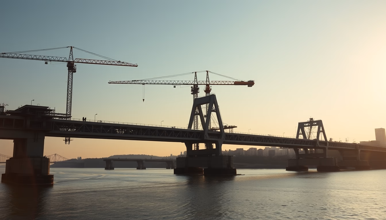 bridge construction site with cranes over river in editorial style