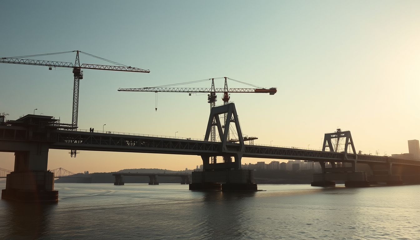 Bridge construction site with cranes over river em estilo editorial