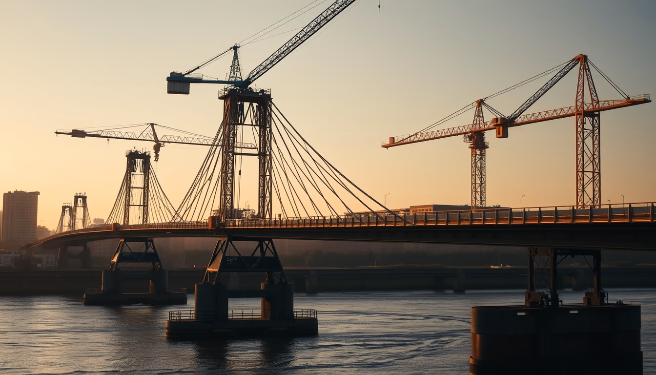 bridge construction site with cranes over river in editorial style