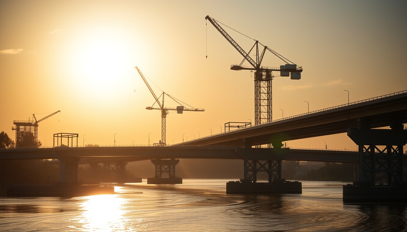 Bridge construction site with cranes over river em estilo editorial