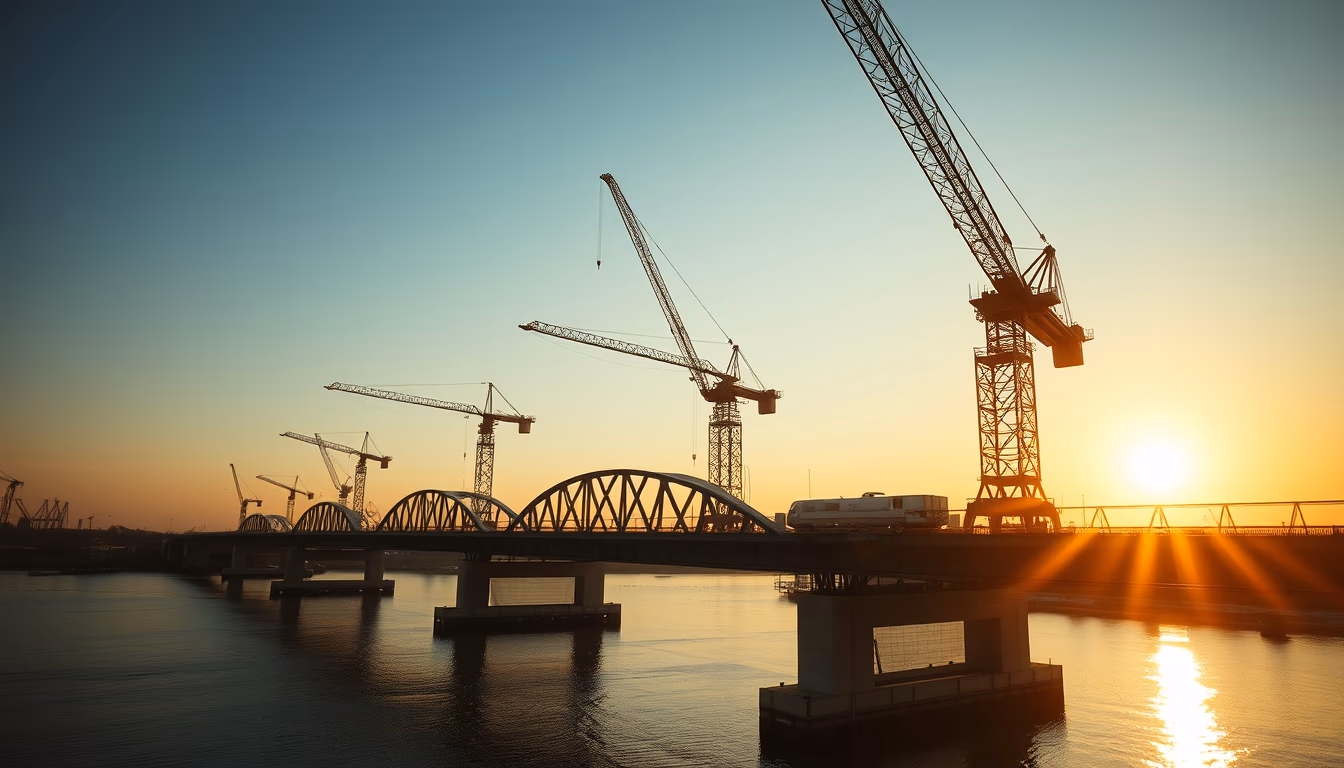 bridge construction site with cranes over river in editorial style