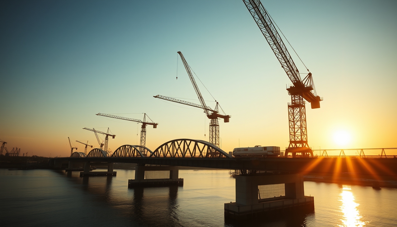 Bridge construction site with cranes over river em estilo editorial