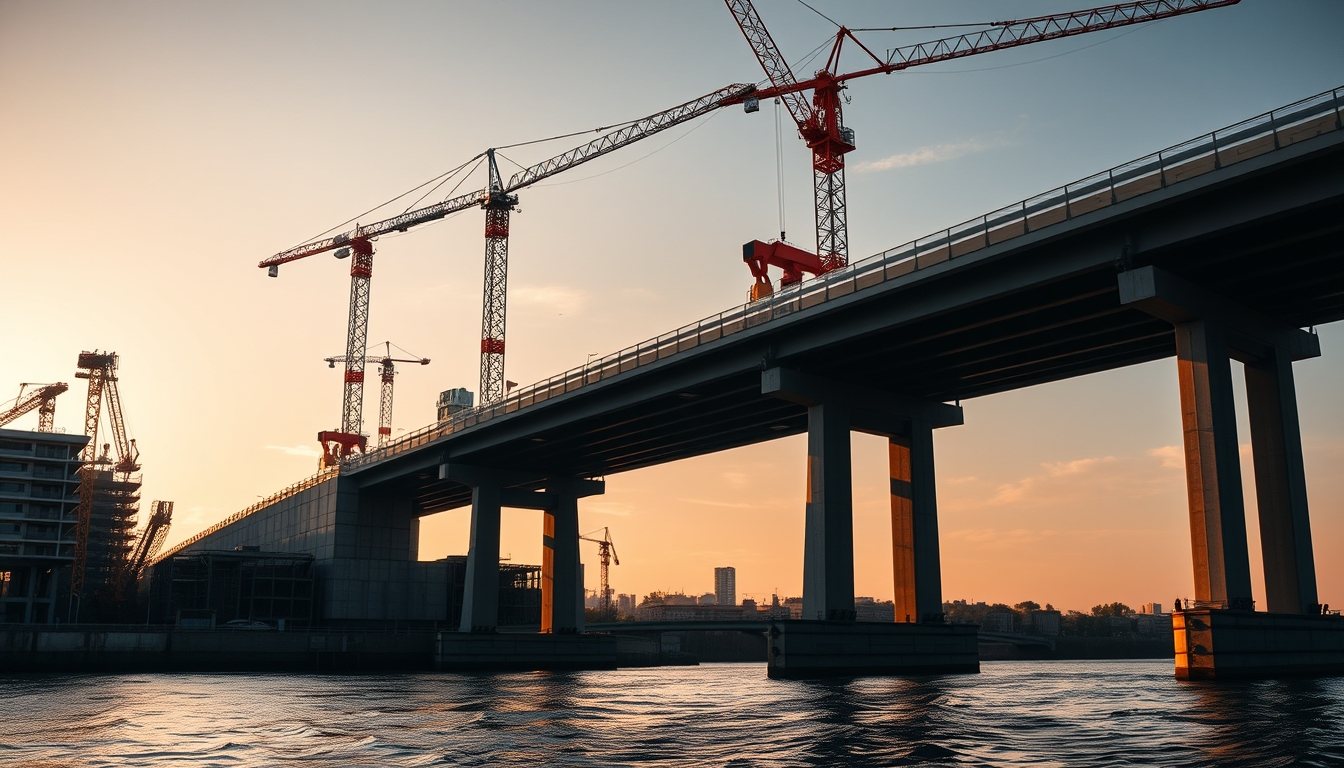 Bridge construction site with cranes over river em estilo editorial