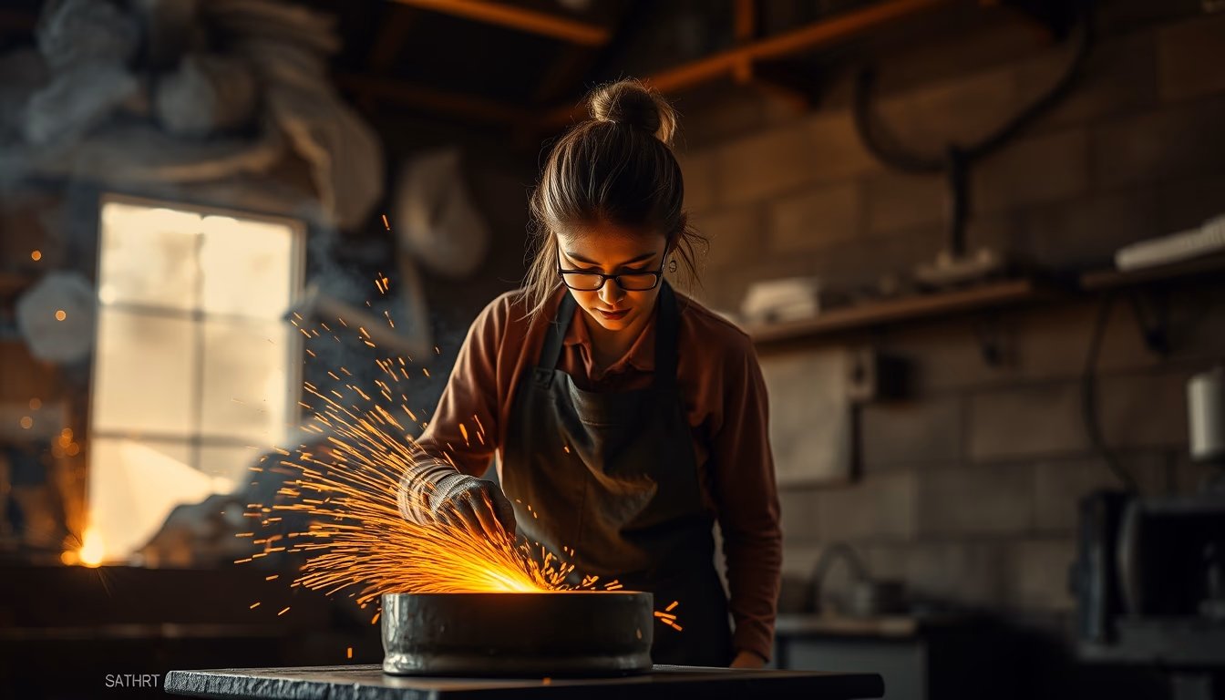 bronze foundry pour in editorial style