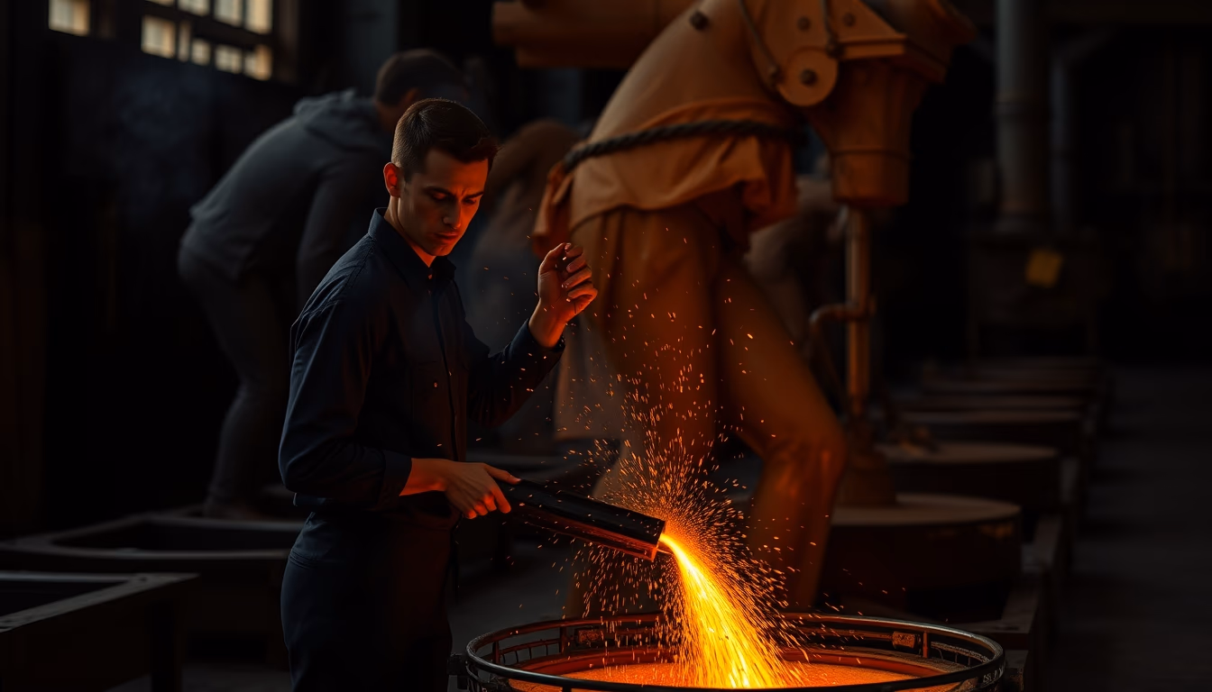 bronze foundry pour in editorial style