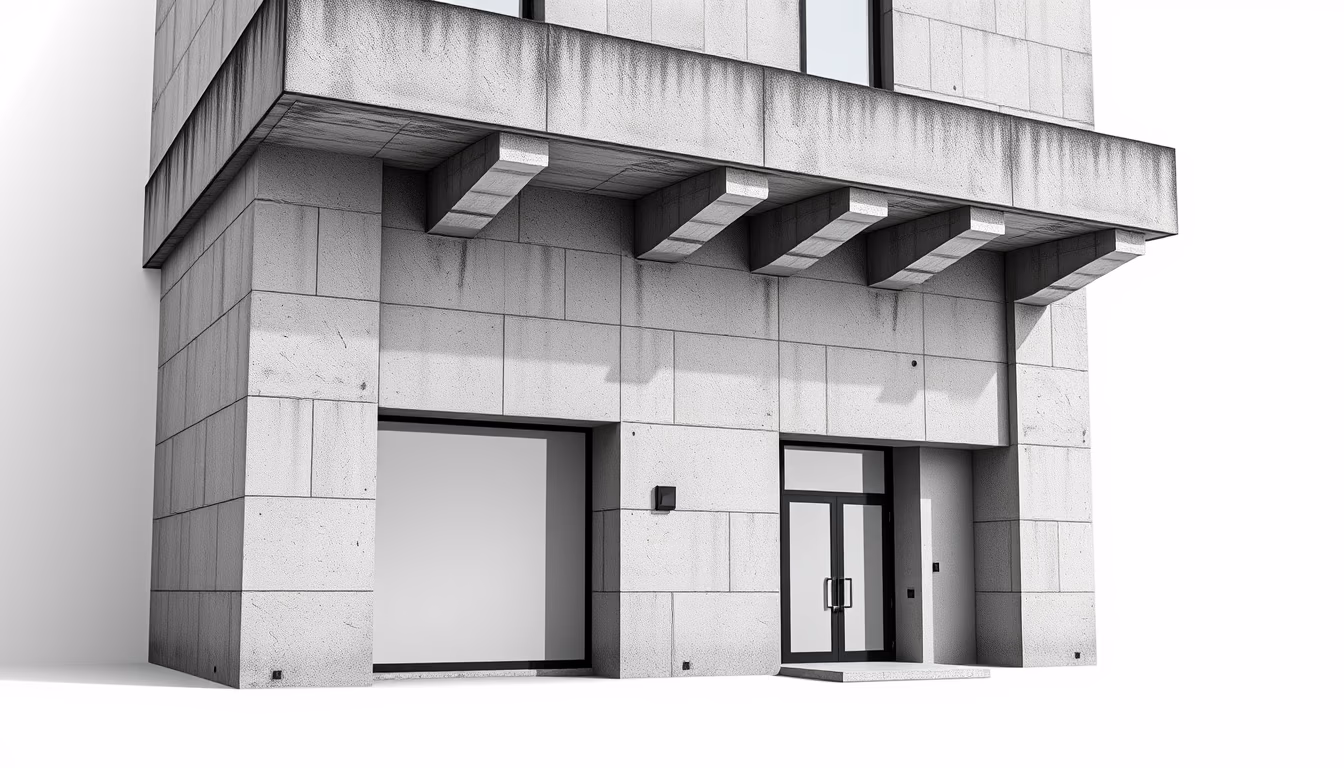 Brutalist concrete facade em estilo editorial