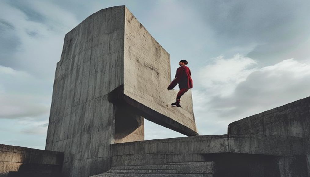 brutalist concrete monument in editorial style